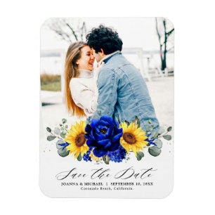 Imán Royal Blue Rustic Sunflower Moderno salva la fecha