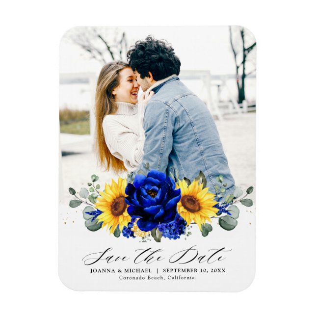 Imán Royal Blue Rustic Sunflower Moderno salva la fecha (Vertical)