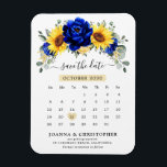 Imán Royal Blue Rustic Sunflower Moderno salva la fecha<br><div class="desc">Elegante y moderno país rústico salvo el imán de calendario de fechas con girasol amarillo brillante, peonías azules reales, aliento de bebé, marco floral gypsophila / corona con hojas de eucalipto. Encontrará más diseños y variaciones de mi tienda "blissweddingpaperie". Y no dudes en ponerte en contacto conmigo para seguir personalizando...</div>