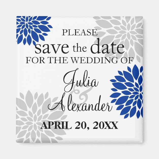 Imán Royal Blue Silver-Gray Floral Burst Save the Date (Frente)
