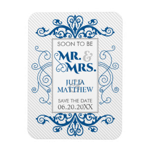 Imán Royal Blue Vintage Swirls Save The Date Boda