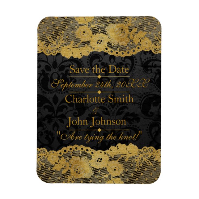 Imán Royal Personalized Golden Black Lace Save The DAte (Vertical)