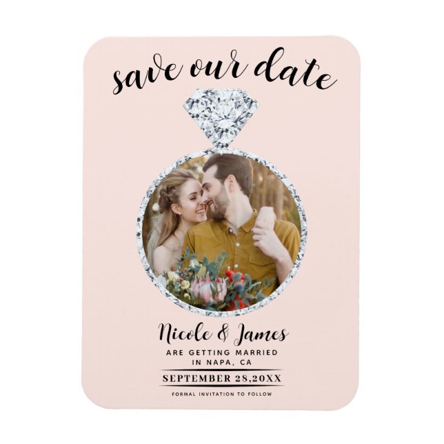 Imán Rubor Pink Diamond Ring Bling Photo Save the Date (Vertical)