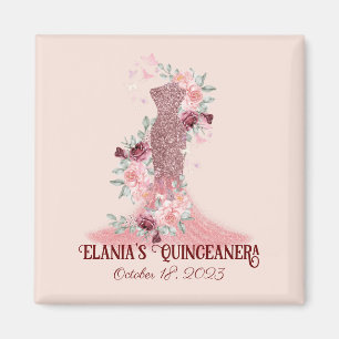 Imán Rubor Pink Floral Girly Quinceanera Party Favor