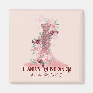 Imán Rubor Pink Floral Girly Quinceanera Party Favor