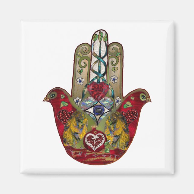Imán Ruby Pomegranate Heart Red Bird Hamsa (Frente)