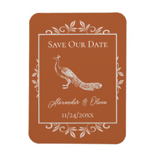 Imán Rust Peacock Flourish Save The Date Magnet