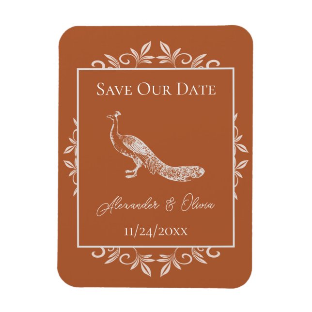 Imán Rust Peacock Flourish Save The Date Magnet (Vertical)