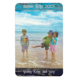 Imán Rustic Blue White Beach Wood Text Photo Frame