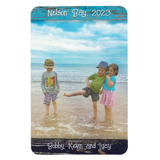 Imán Rustic Blue White Beach Wood Text Photo Frame (Vertical)