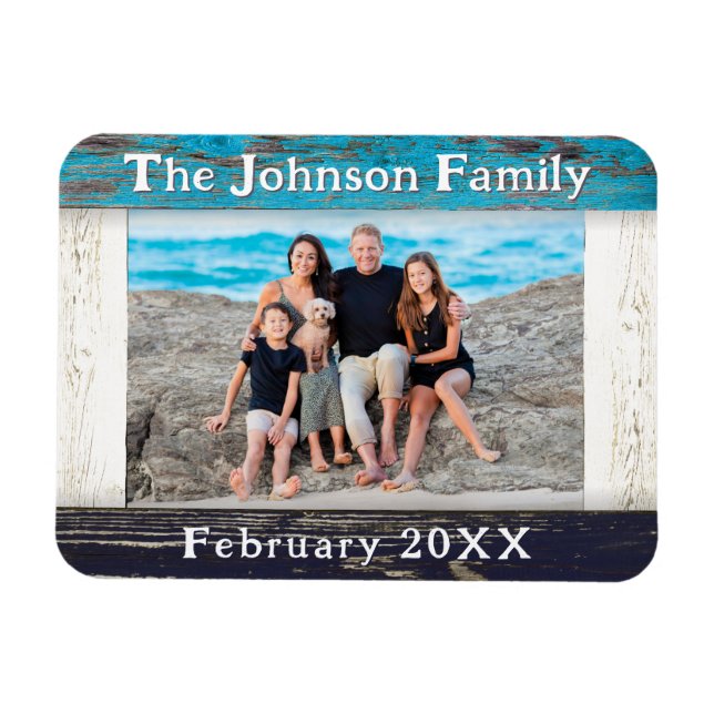 Imán Rustic Blue Wood Family Name Photo Frame (Horizontal)