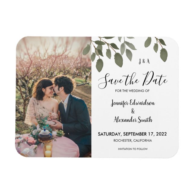 Imán Rustic botanical monogram photo Save the Date (Horizontal)