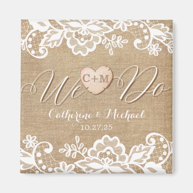 Imán Rustic Burlap Lace and Wood Heart Name Initials  (Frente)