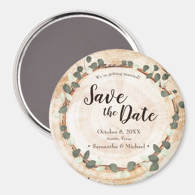 Imán Rustic Eucalyptus Wood Slice wedding magnet (Anverso/Reverso)