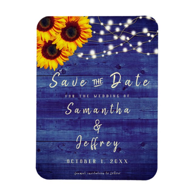 Imán Rustic Fall Sunflower Wedding Blue Save the Date (Vertical)