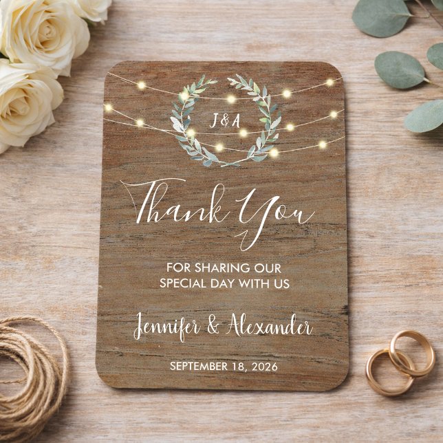 Imán Rustic leaves wood string lights Thank you wedding (Rustic leaves wood string lights Thank you wedding Magnet. For your perfect rustic wedding.)