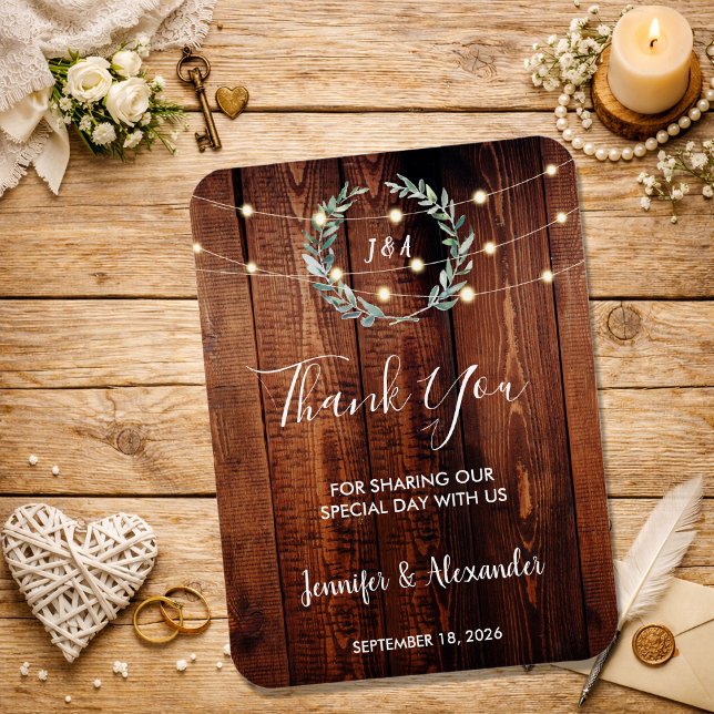 Imán Rustic leaves wood string lights Thank you wedding (Rustic leaves wood string lights Thank you wedding Magnet. )