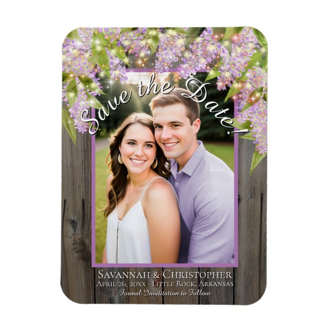 Imán Rustic Lilacs Lights & Photo Wedding Salva la fech (Vertical)