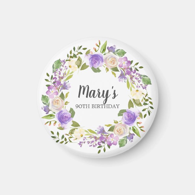 Imán Rustic Purple Floral 90 cumpleaños Favor (Frente)