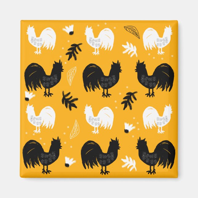 Imán Rustic Roosters Farm Hand Drawn Pattern (Frente)