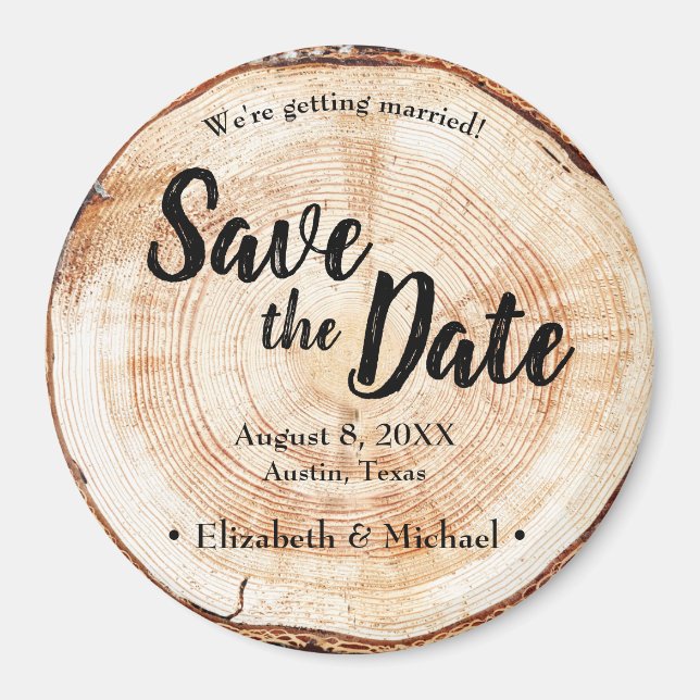 Imán Rustic Save the date Printed Wood Slice (Frente)