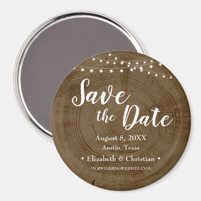 Imán Rustic String of lights Wood Barn Save the date (Anverso/Reverso)