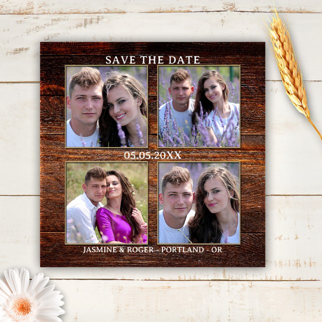 Imán Rustic Wood 4 fotos de Personalizados ahorran la c (Save the Date magnet featuring your own 4 photos framed by a rustic wood background.)