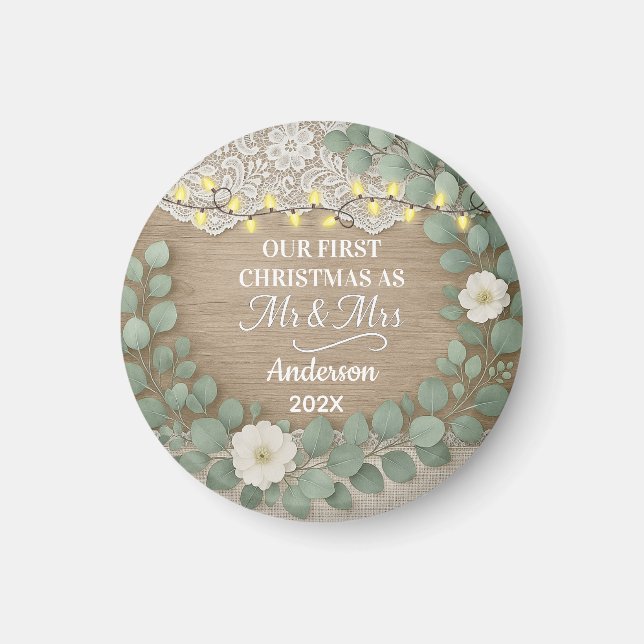 Imán Rustic Wood & Eucalyptus Mr & Mrs Christmas (Frente)