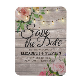 Imán Rustic Wood Floral String Lights Boda Save Date