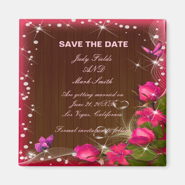 Imán Rustic Wood Pink Floral Butterfly Save The Date (Frente)
