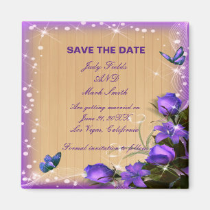 Imán Rustic Wood Purple Floral Wedding Save The Date