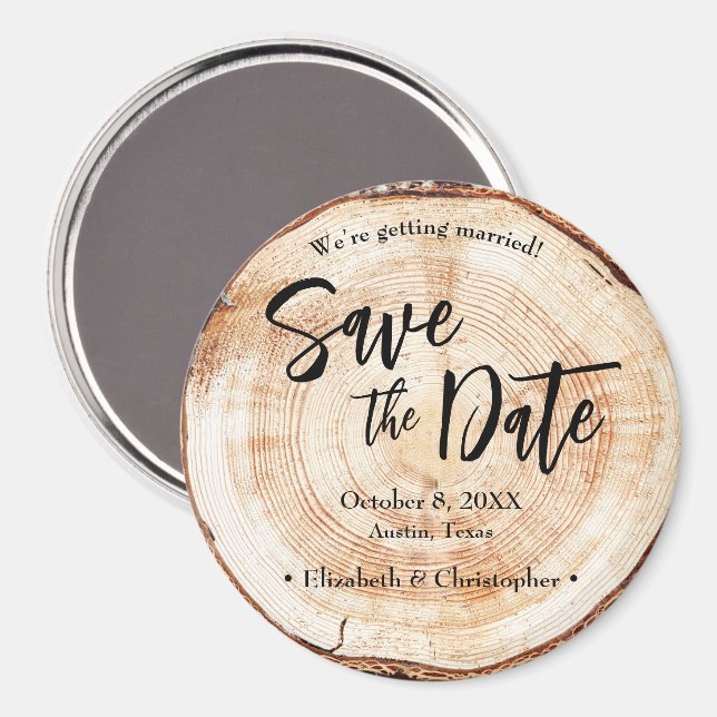 Imán Rustic Wood Slice Custom Save the Date Wedding (Anverso/Reverso)