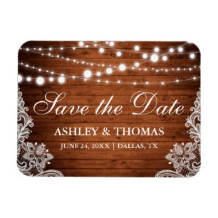 Imán Rustic Wood String Lights Lace Save the Date