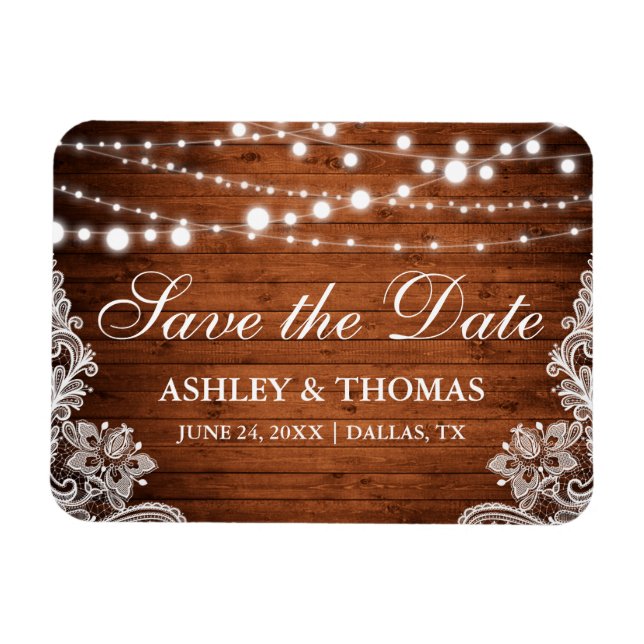Imán Rustic Wood String Lights Lace Save the Date (Horizontal)