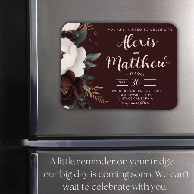 Imán Rústica elegancia Borgoña Boda Floral (Rustic Burgundy Floral Wedding Magnet Invitation, Boho Chic, Elegant Winter Design)