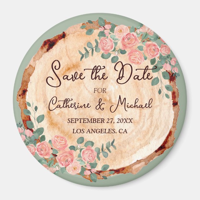 Imán Rústico Anillos de madera de corteza acuarela Rose (Frente)