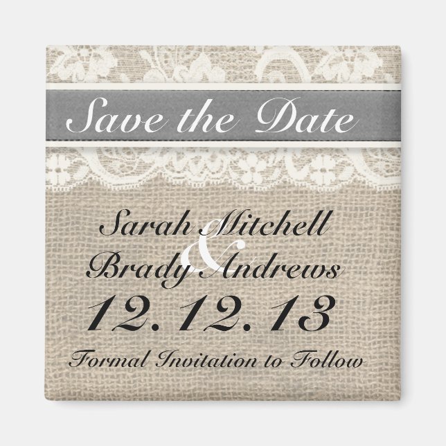 Imán Rústico Burlap Lace Gray Save the Date Magnet (Frente)