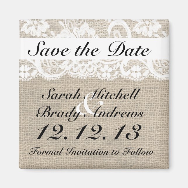 Imán Rústico Burlap Lace White Save the Date Magnet (Frente)