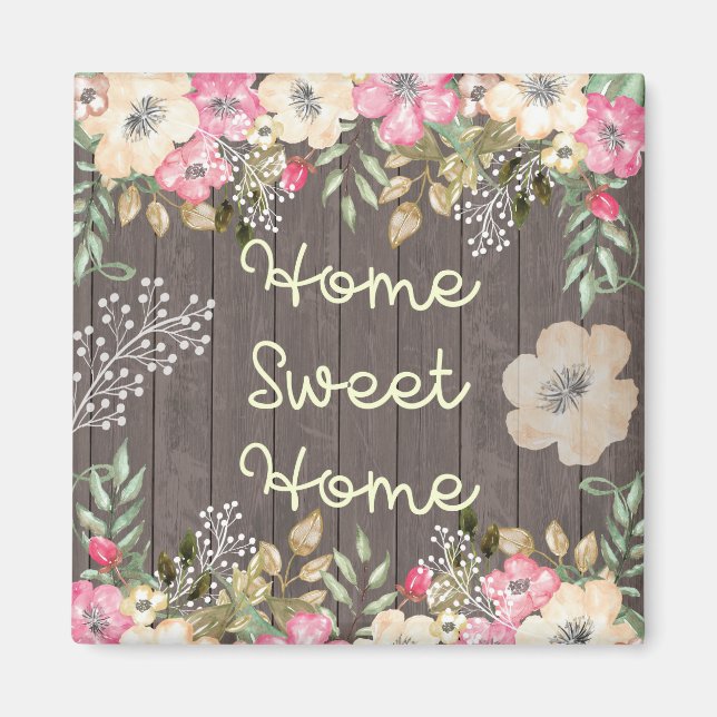 Imán Rústico look Home Sweet Home Floral Wood (Frente)