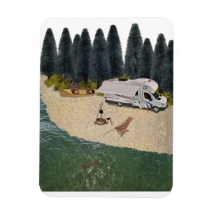 Imán RV Camper en el bosque junto al agua