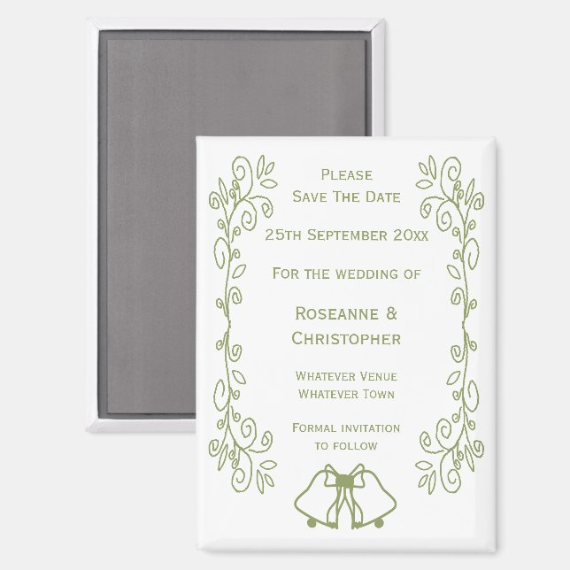 Imán Sage Bells Scrollwork Wedding Guardar La Fecha (Anverso/Reverso)