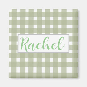 Imán Sage Green White Gingham Personalizado