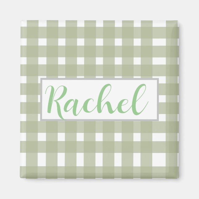 Imán Sage Green White Gingham Personalizado (Frente)
