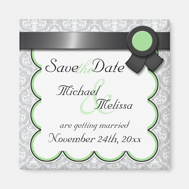 Imán Sage & Grey Damask Save the Date Magnet (Frente)