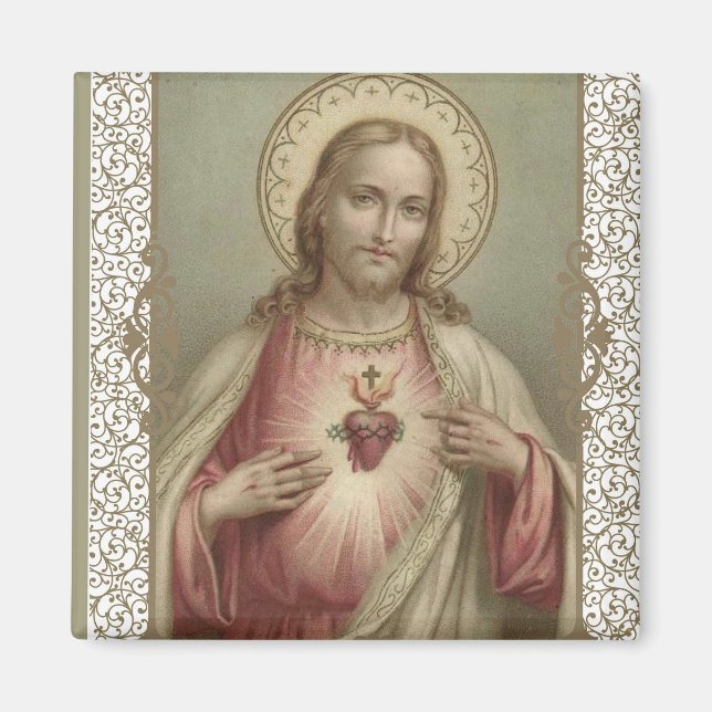 Imán Sagrado Corazón de Jesús con borde decorativo (Frente)