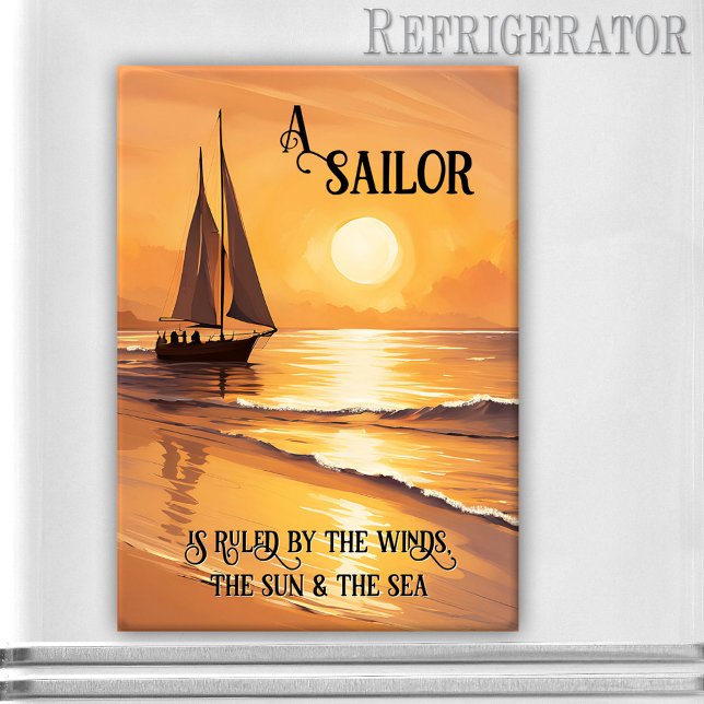 Imán Sailor Sailboat Sunset Personalizado Cita Magnet (Rectangle nautical magnet featuring a painting of a sailboat on the ocean at sunset - with quote)