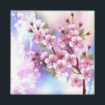 Imán Sakura rosa sobre fondo de pintura<br><div class="desc">Dibujado artísticamente,  rama de rosa,  flores de cerezo sobre fondo pintoresco,  texturizado,  pintado con pintura blanca,  rosa y azul. Pink Sakura</div>