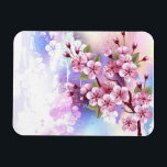 Imán Sakura rosa sobre fondo de pintura<br><div class="desc">Dibujado artísticamente,  rama de rosa,  flores de cerezo sobre fondo pintoresco,  texturizado,  pintado con pintura blanca,  rosa y azul. Pink Sakura</div>
