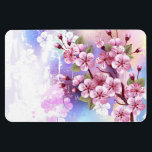 Imán Sakura rosa sobre fondo de pintura<br><div class="desc">Dibujado artísticamente,  rama de rosa,  flores de cerezo sobre fondo pintoresco,  texturizado,  pintado con pintura blanca,  rosa y azul. Pink Sakura</div>