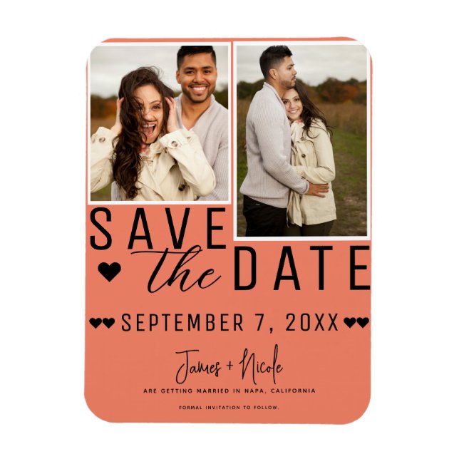 Imán Salmon Pink Save the Date 2 Foto Boda (Vertical)